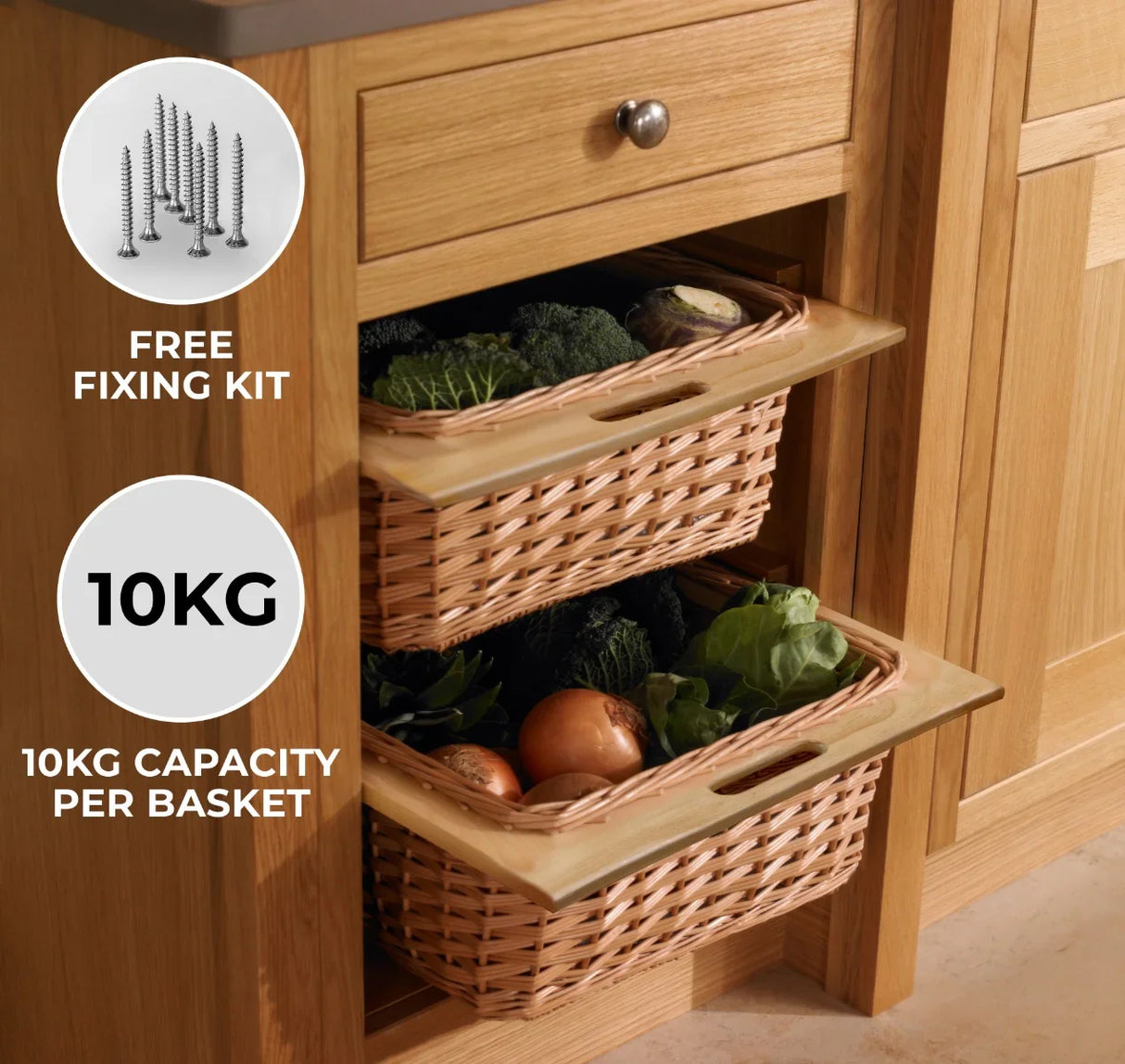 Three pull-out wicker kitchen baskets with a natural finish, designed for easy access and storage, each holding up to 10kg