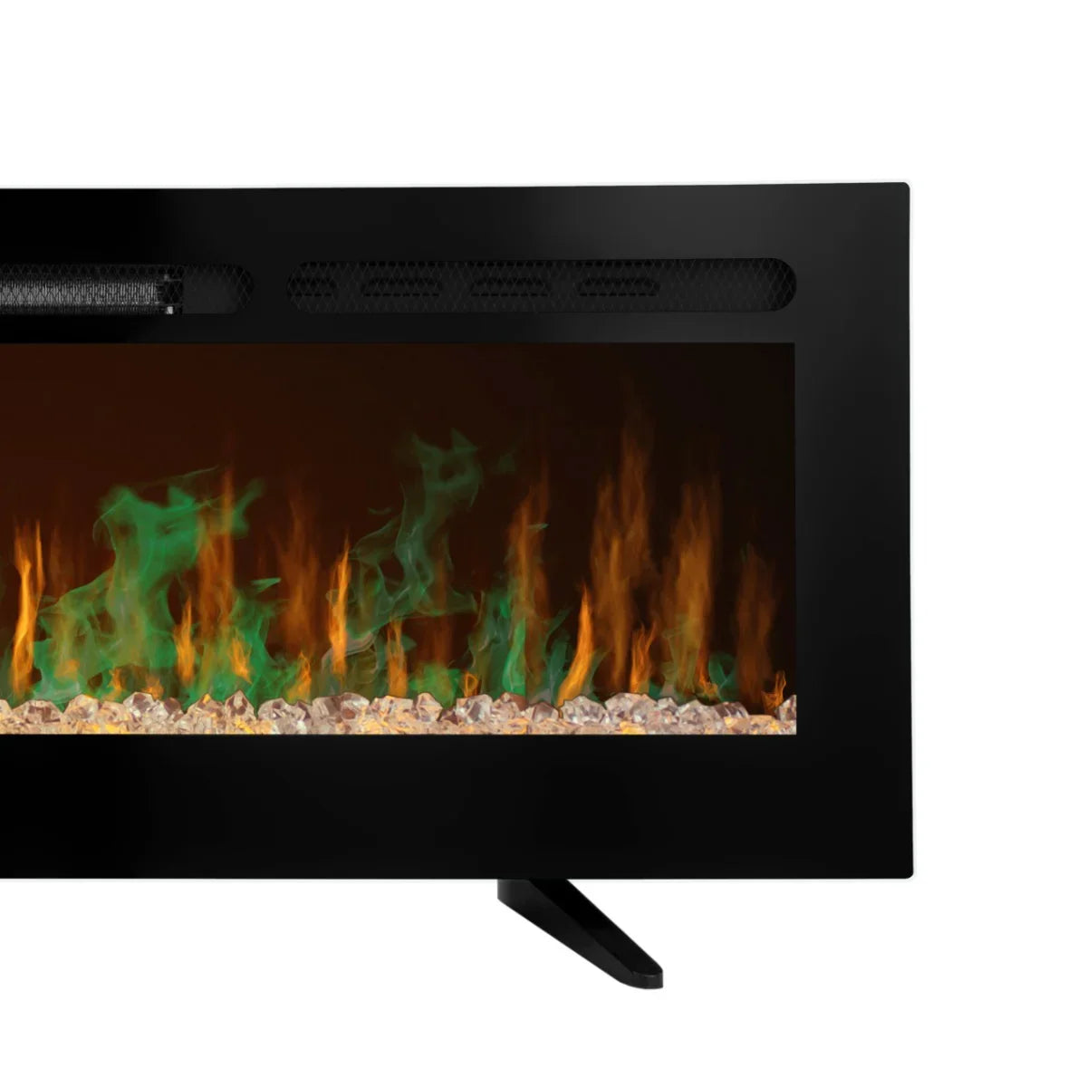 Electric inset fireplace 50” with vibrant orange and green flames, sleek black frame, and realistic crystal ember bed for modern decor