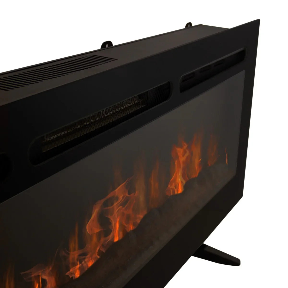 Sleek black electric inset fireplace with realistic flame effect, featuring a modern design and smooth glass front for a cozy ambiance