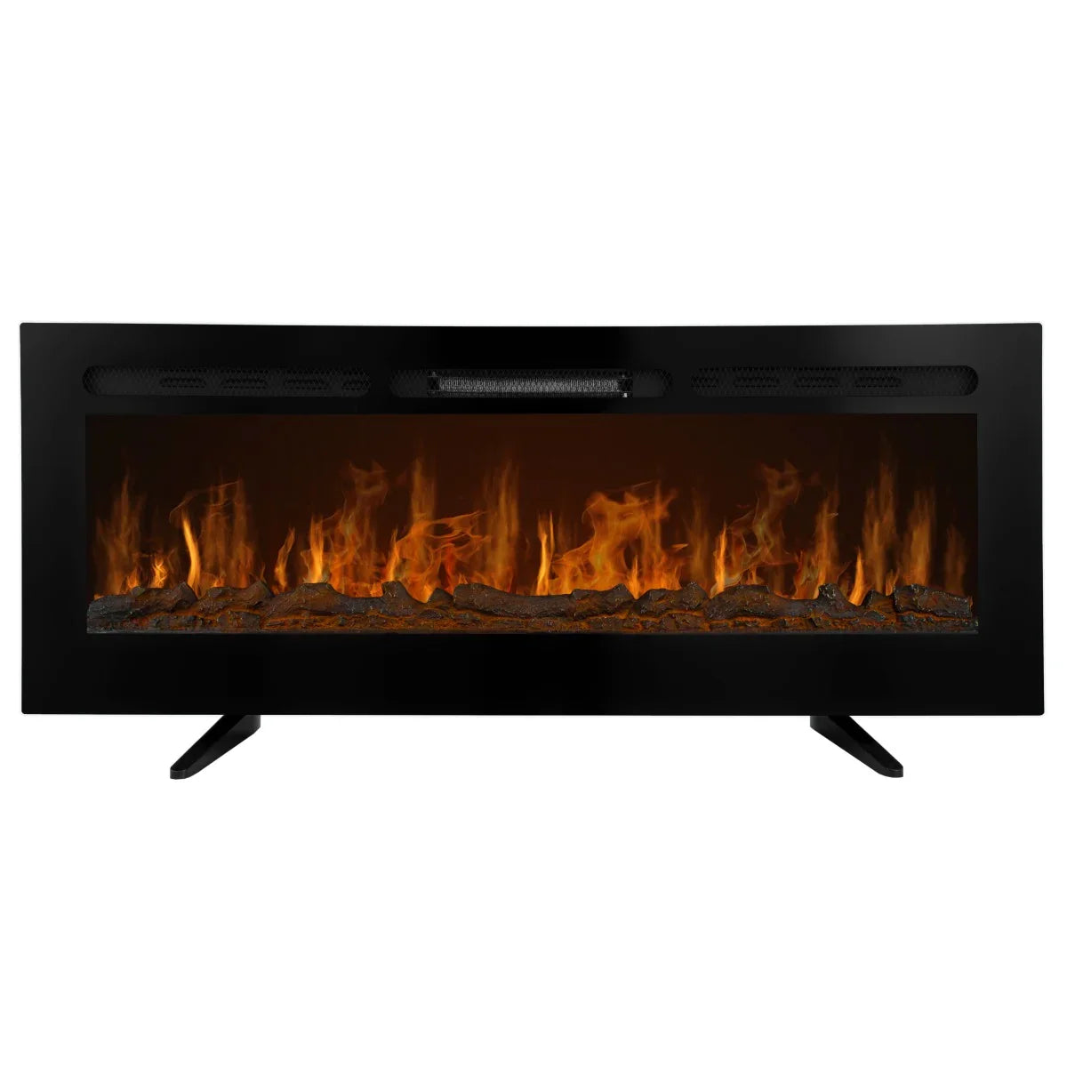 Electric inset fireplace, 50 inches wide, features realistic flames, black glass front, and modern design with sleek legs