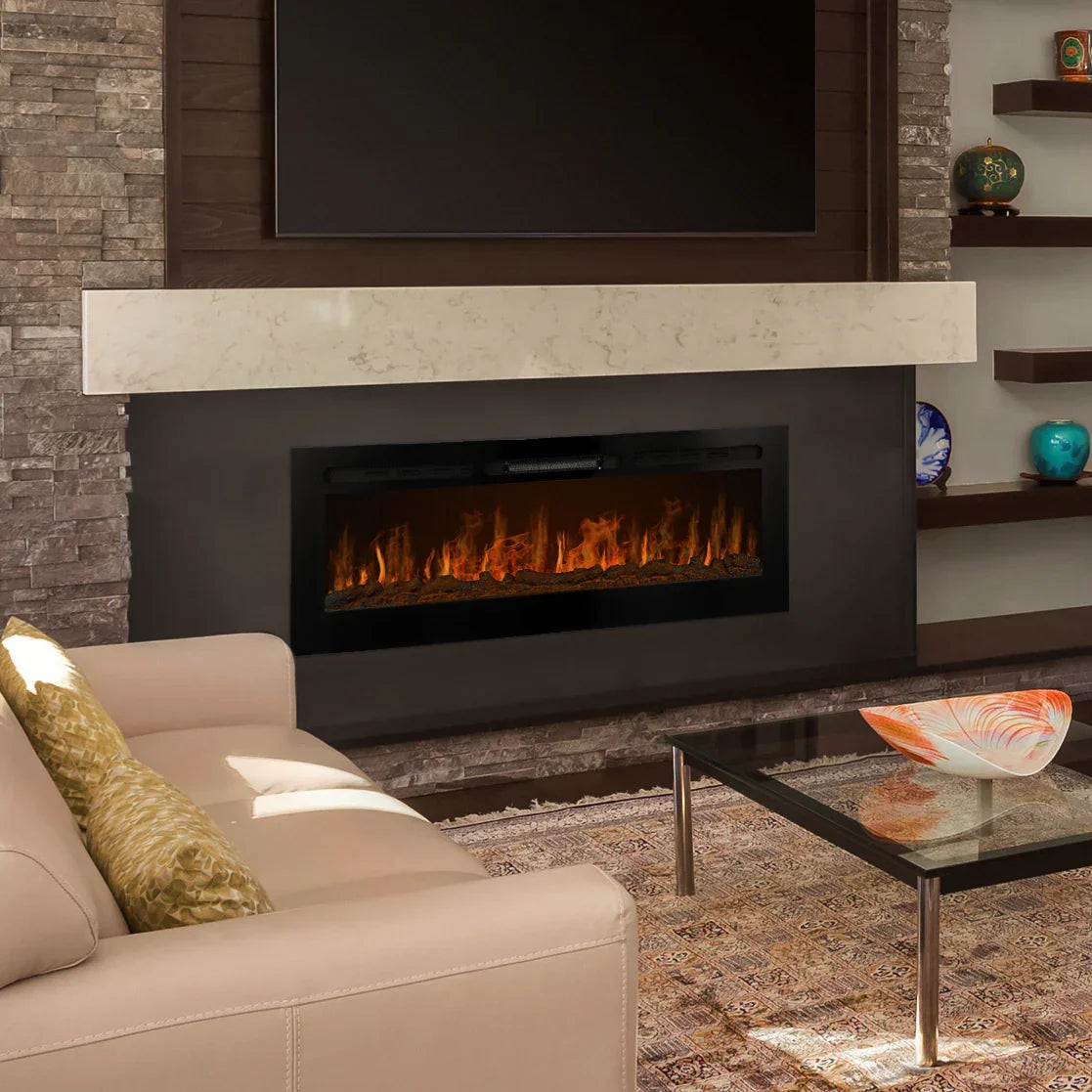 Modern living room featuring a sleek electric fireplace with glowing flames, beige sofa, glass coffee table, and textured stone wall
