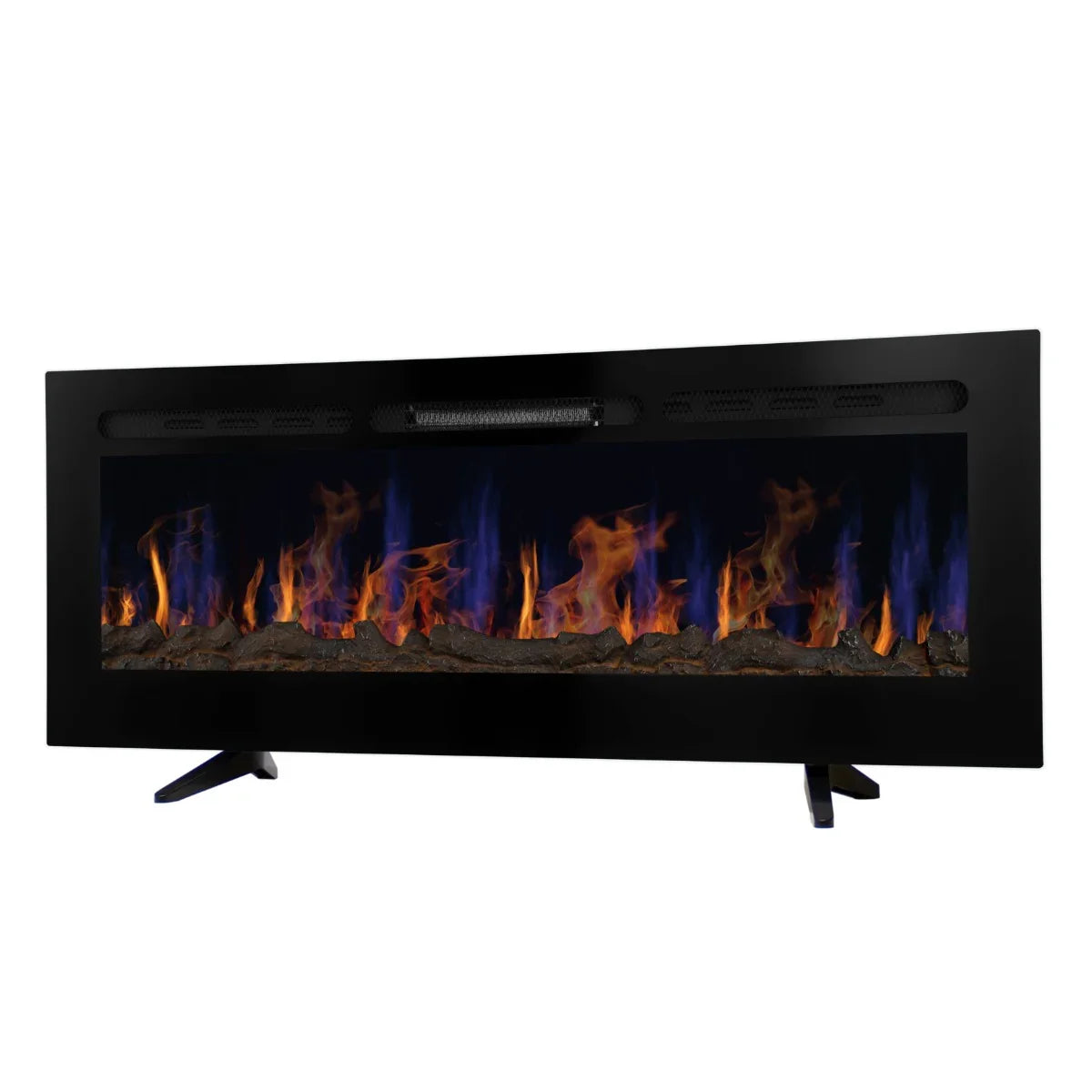 Electric inset fireplace, 50 inches wide, featuring realistic flames in vibrant blue and orange, sleek black frame, and modern design