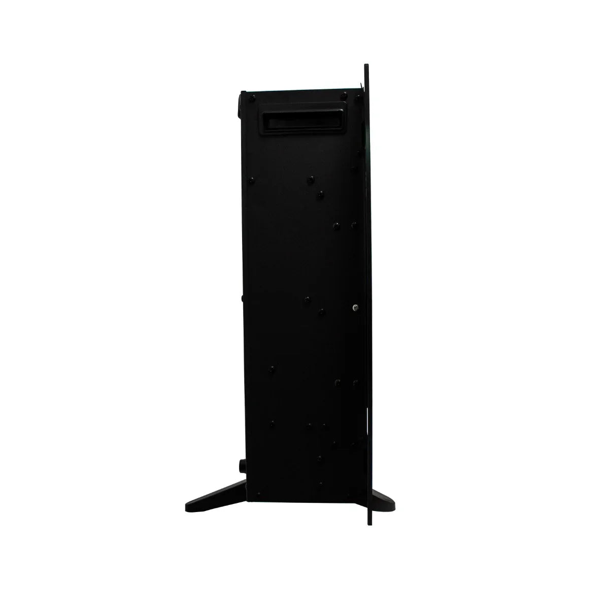 Side view of a sleek black electric inset fireplace, showcasing its slim profile and modern design with adjustable settings
