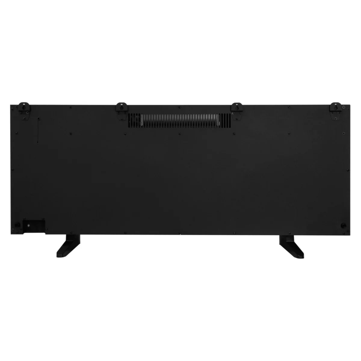Sleek black back panel of a 50” electric inset fireplace with ventilation grilles and sturdy support legs for stability