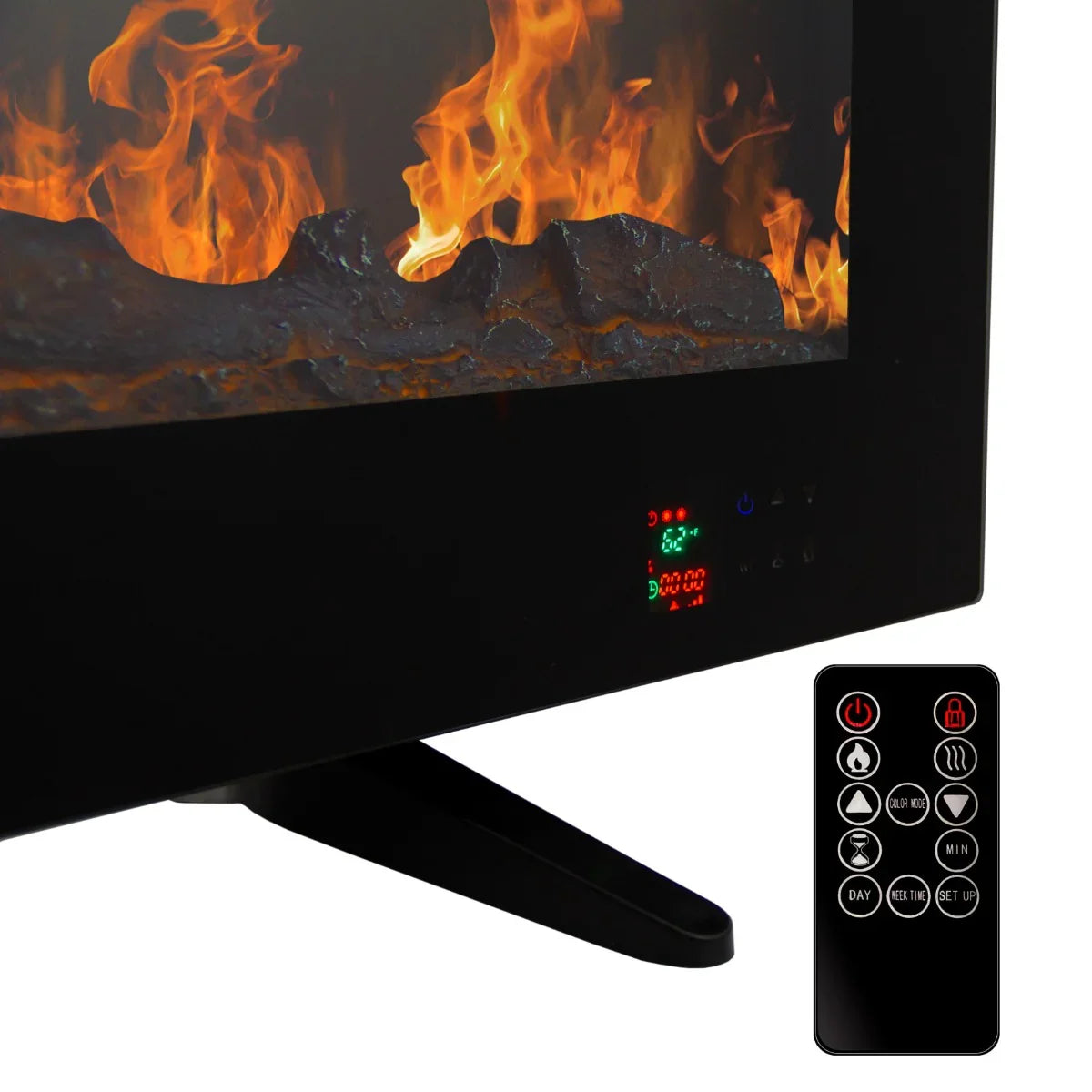 Electric inset fireplace with realistic flames, sleek black frame, and remote control for adjustable settings and ambiance