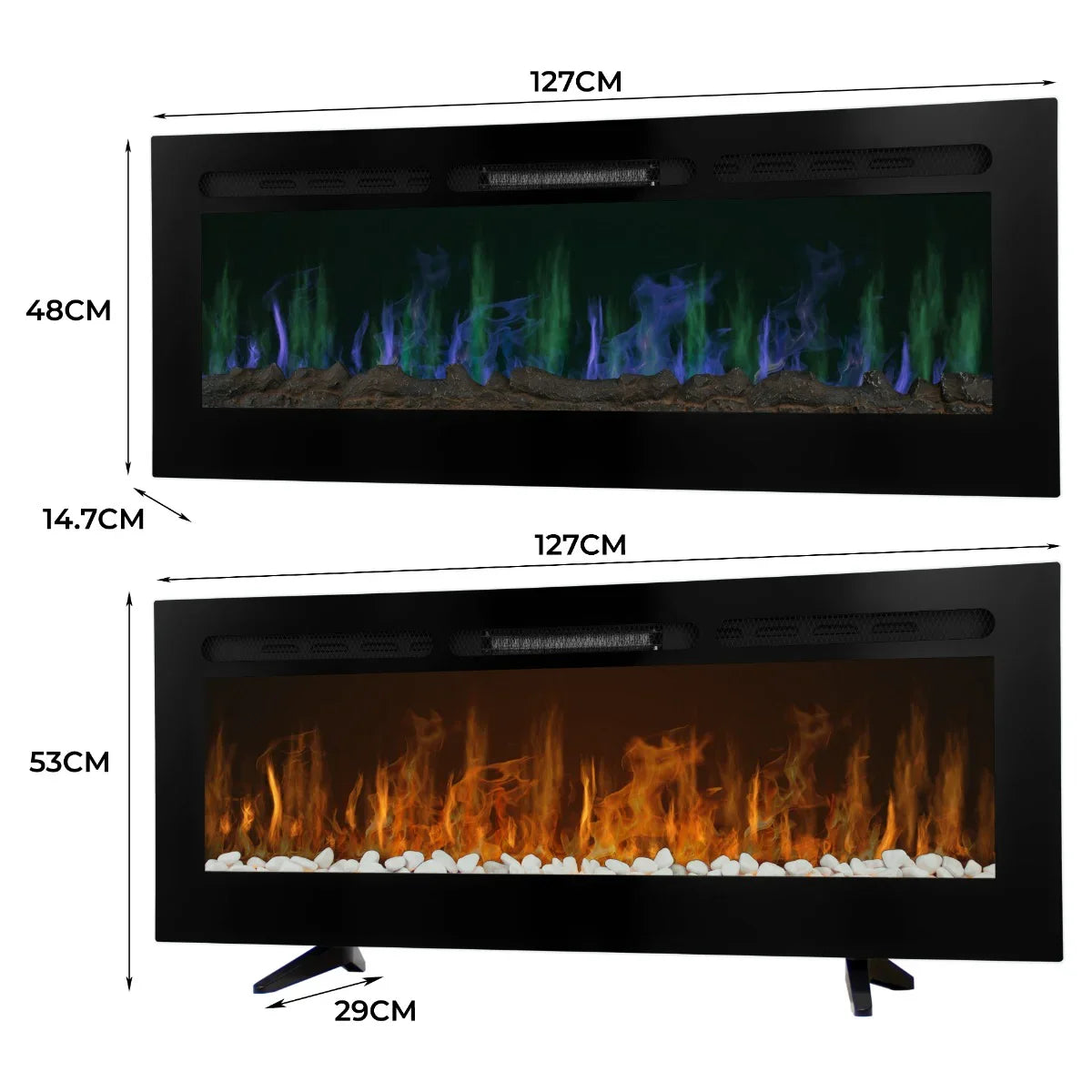 Electric inset fireplace 50” with adjustable flame colors, sleek black frame, and modern design, ideal for cozy spaces