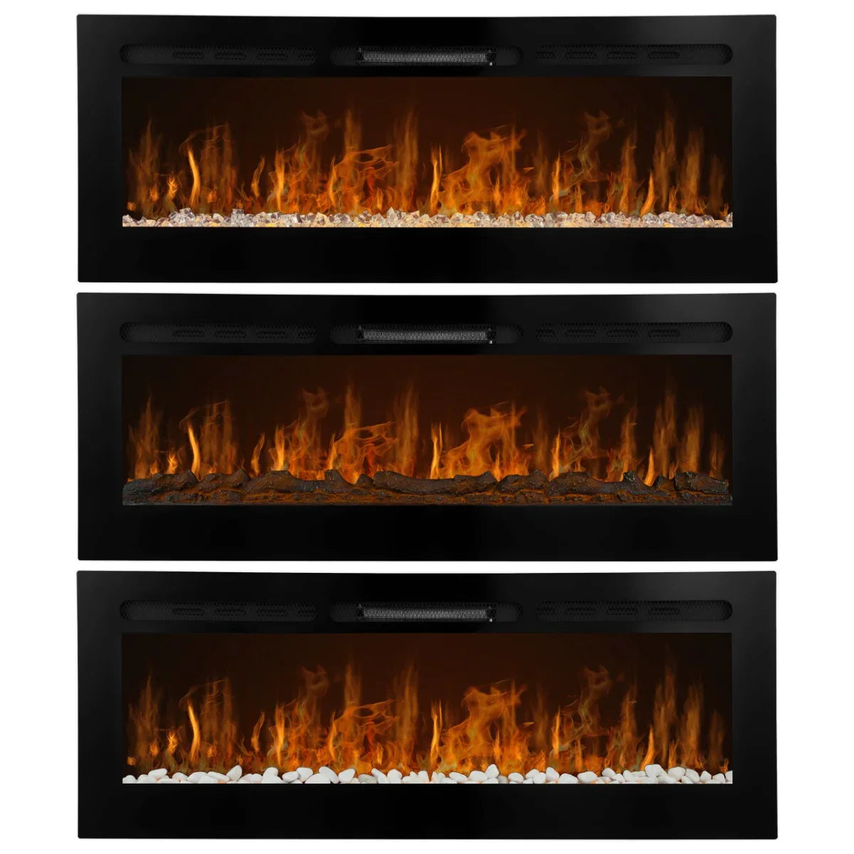 Electric inset fireplace 50” with three flame settings, sleek black frame, realistic flames, and decorative white pebbles for ambiance