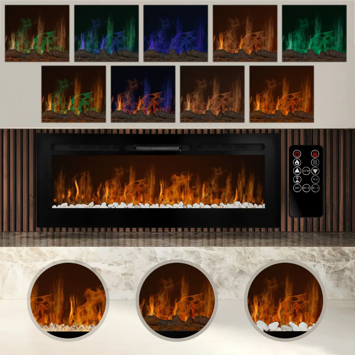 Electric inset fireplace with 50-inch black frame, realistic flame effects in multiple colors, and remote control for easy operation