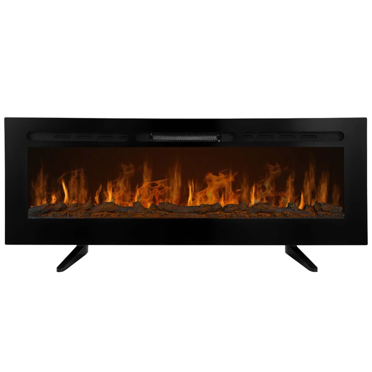 Sleek black electric inset fireplace, 60 inches wide, featuring realistic flames and a modern design with a textured log base