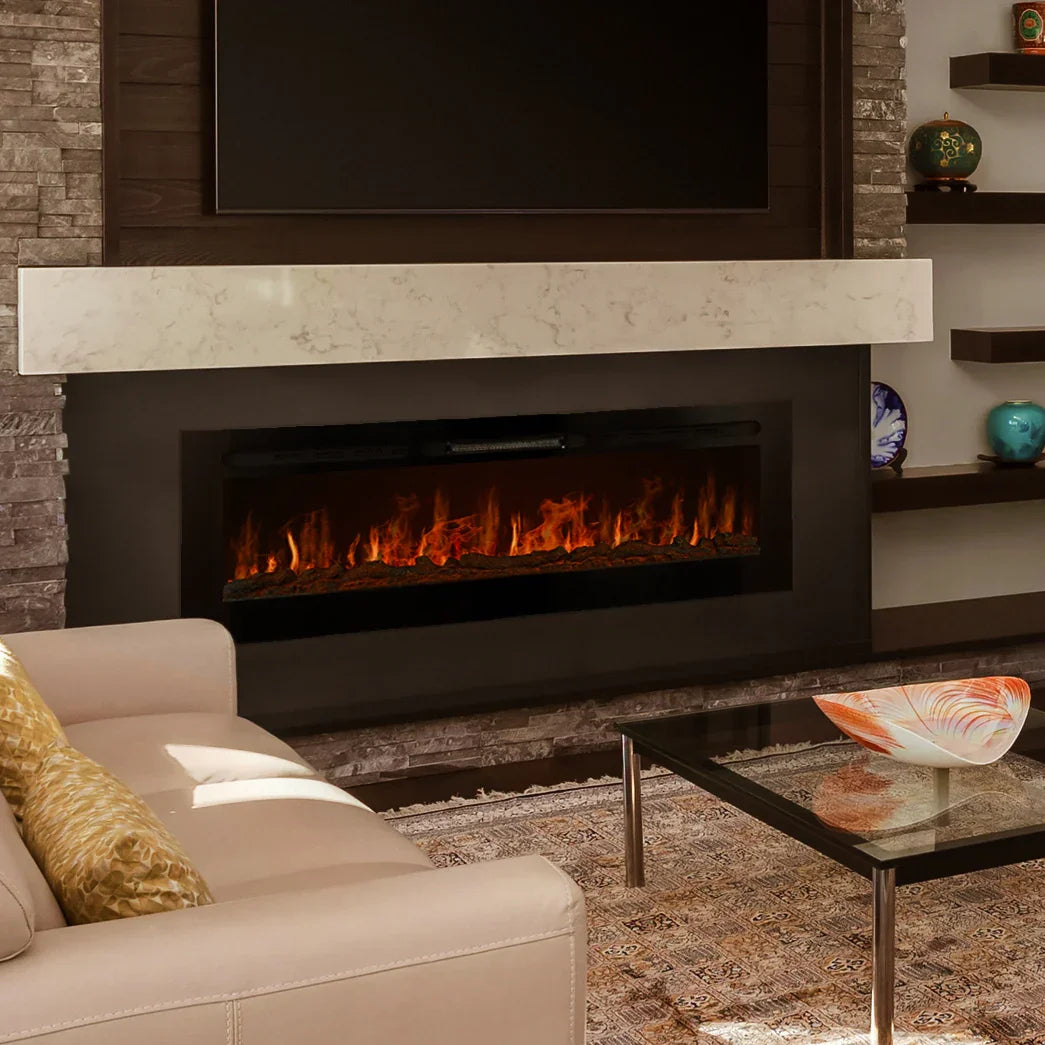 Sleek 60” electric inset fireplace with realistic flames, black frame, and modern design, set against a stylish stone wall and mantel