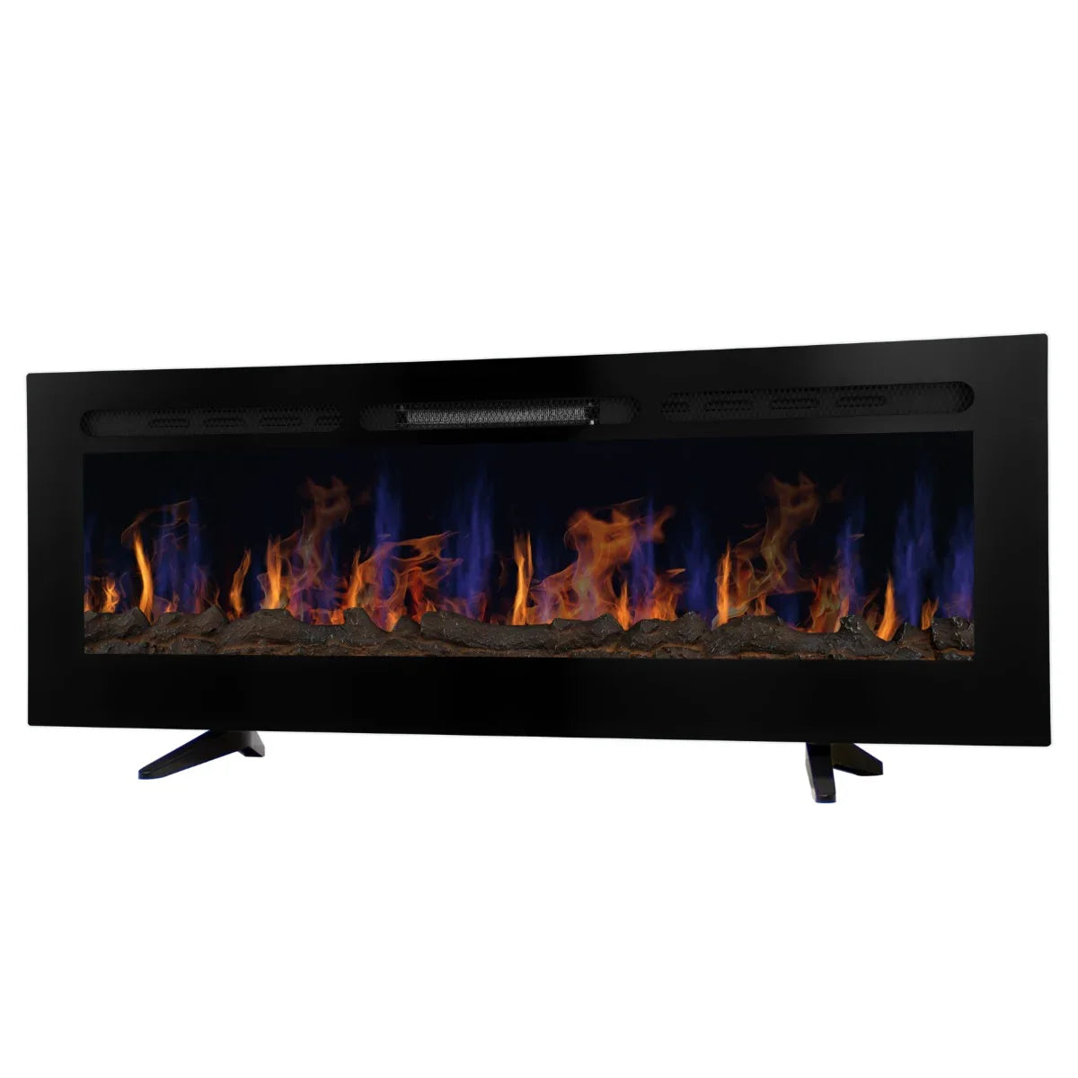 Sleek black electric inset fireplace with vibrant blue and orange flames, featuring a modern design and realistic log effect