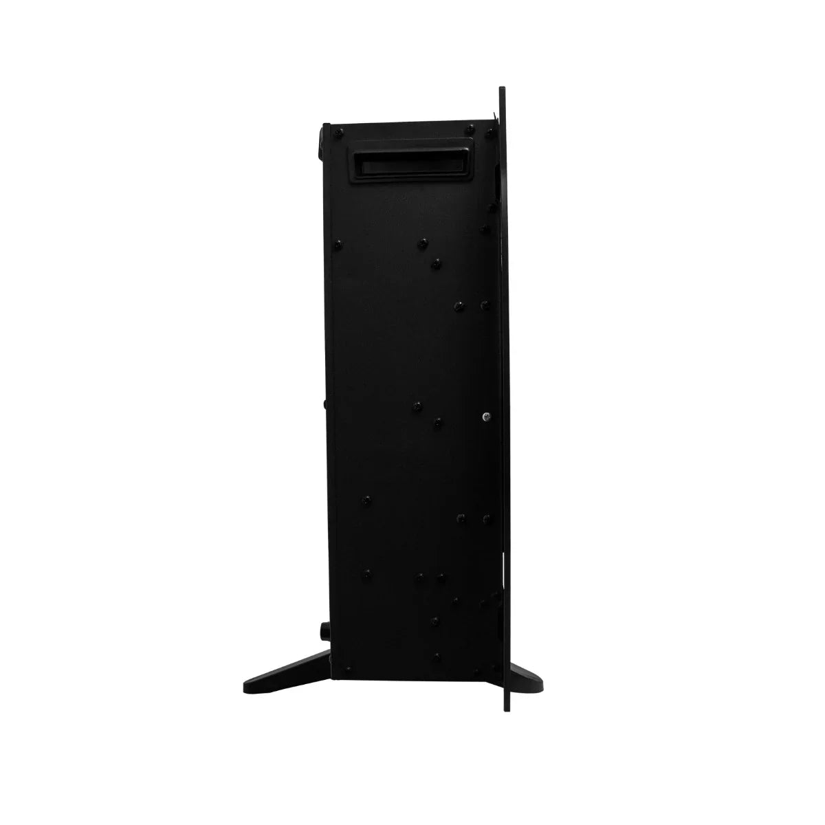 Sleek black electric inset fireplace with a modern design, featuring a sturdy back panel and adjustable support legs for stability