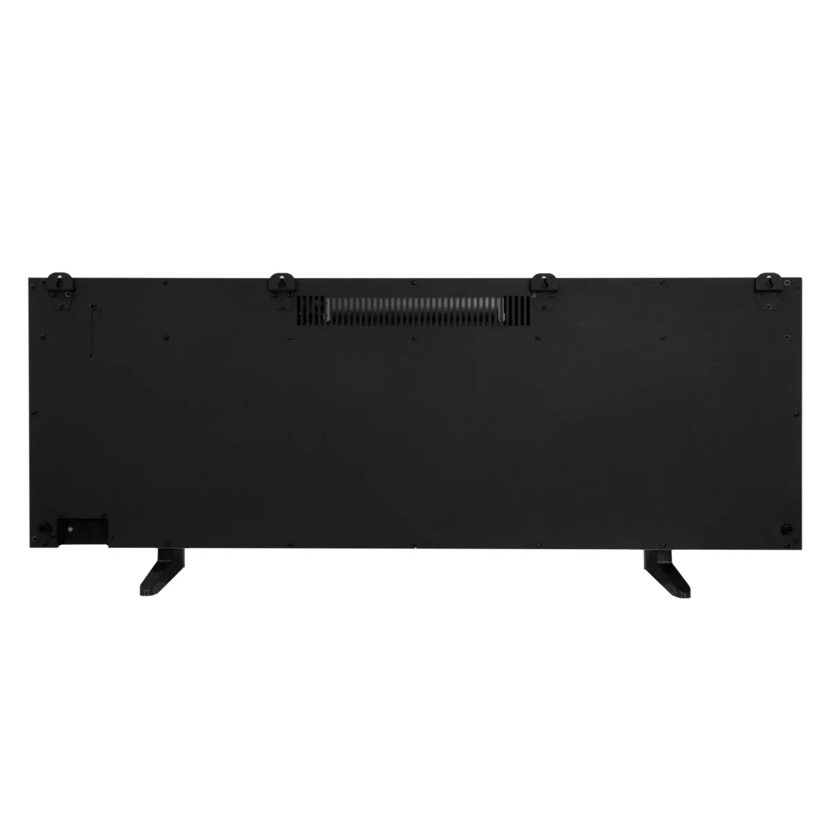 Sleek black electric inset fireplace, 60 inches wide, featuring a minimalist design with sturdy legs and a vent for heat distribution