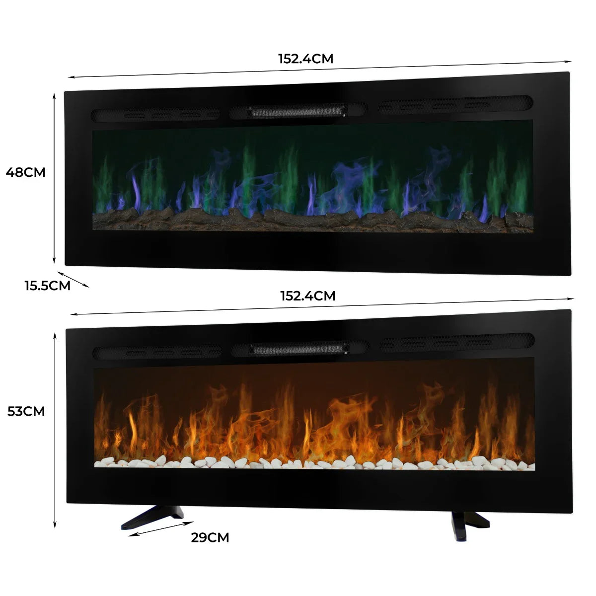 Electric inset fireplace 60” with realistic flame effects in blue and green, sleek black frame, and decorative white stones