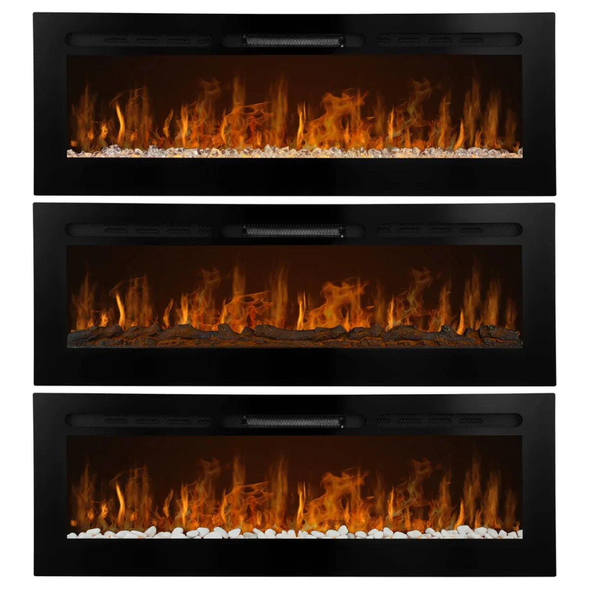 Sleek black electric inset fireplace with realistic flames, decorative pebbles, and three adjustable flame settings for ambiance