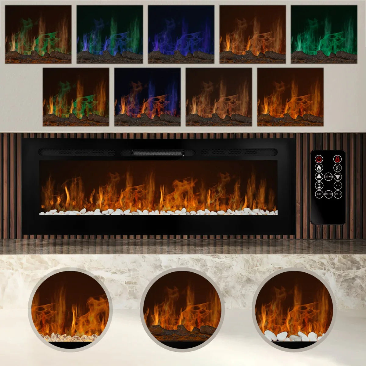 Electric inset fireplace 60” with realistic flames, customizable colors, white pebbles, sleek black frame, and remote control