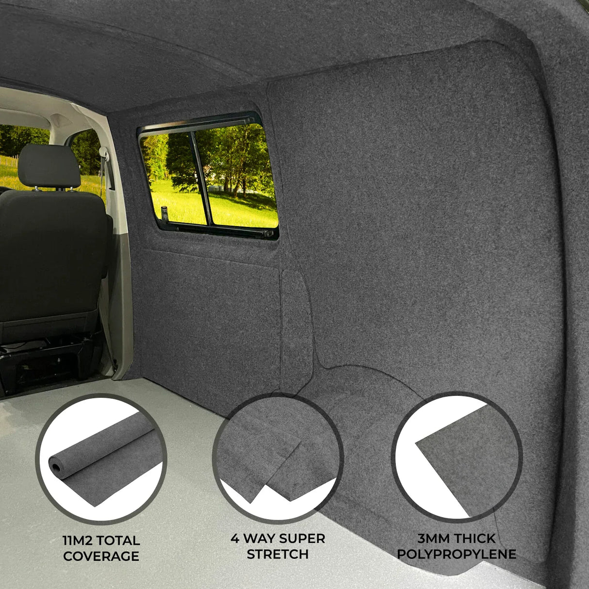 Smoke grey van carpet lining with a soft, textured finish, providing 11m² coverage and 3mm thickness for durability and comfort