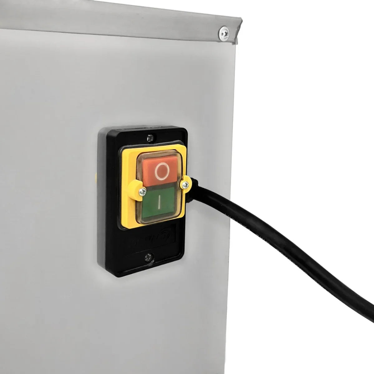 Close-up of the KuKoo Poultry Plucker Machine's control panel featuring a yellow and red power switch with a black power cord