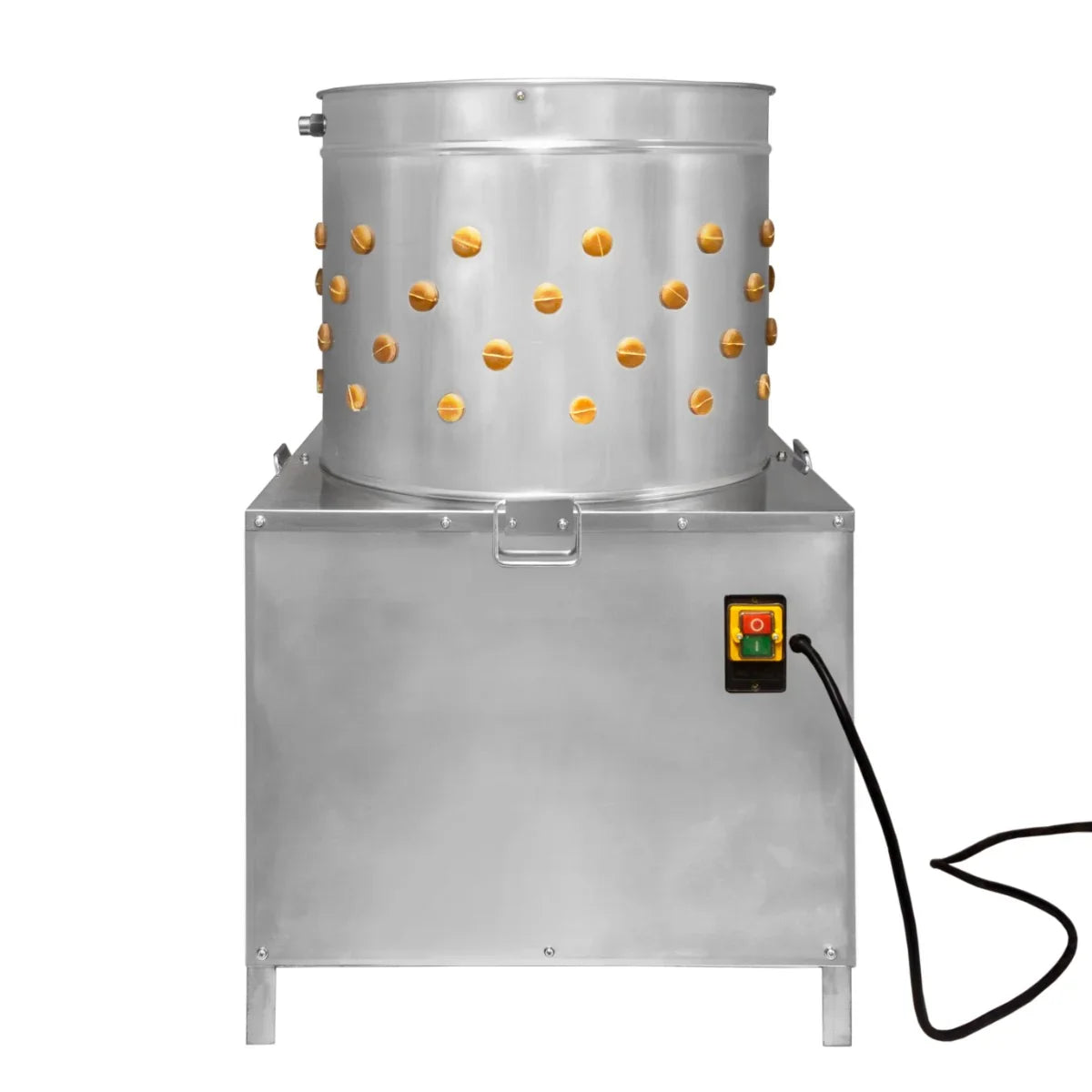 Stainless steel KuKoo poultry plucker machine with a 50cm diameter, featuring multiple holes for efficient feather removal and a power switch
