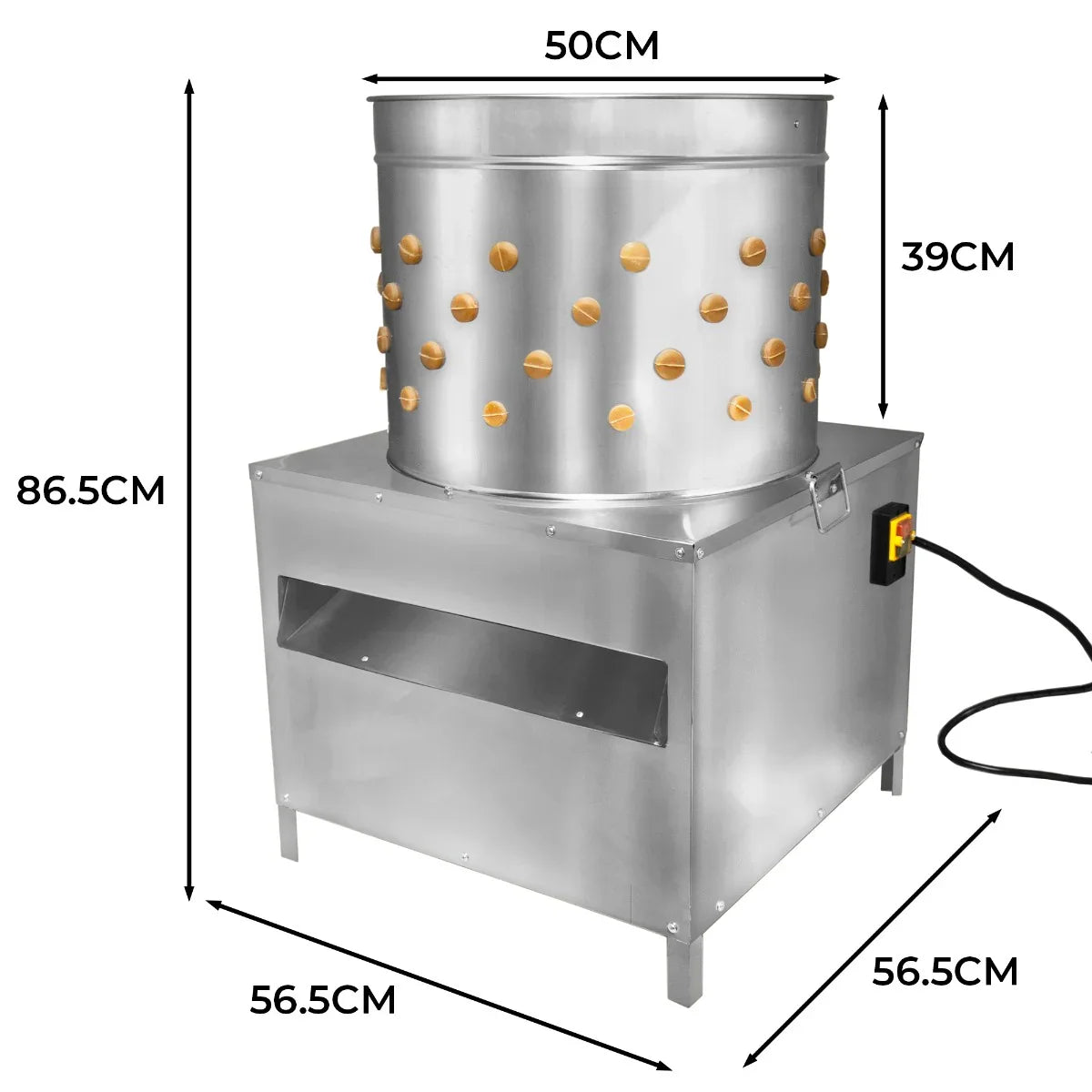 KuKoo Poultry Plucker Machine in stainless steel, 50cm diameter, featuring a perforated drum and sturdy base for efficient plucking