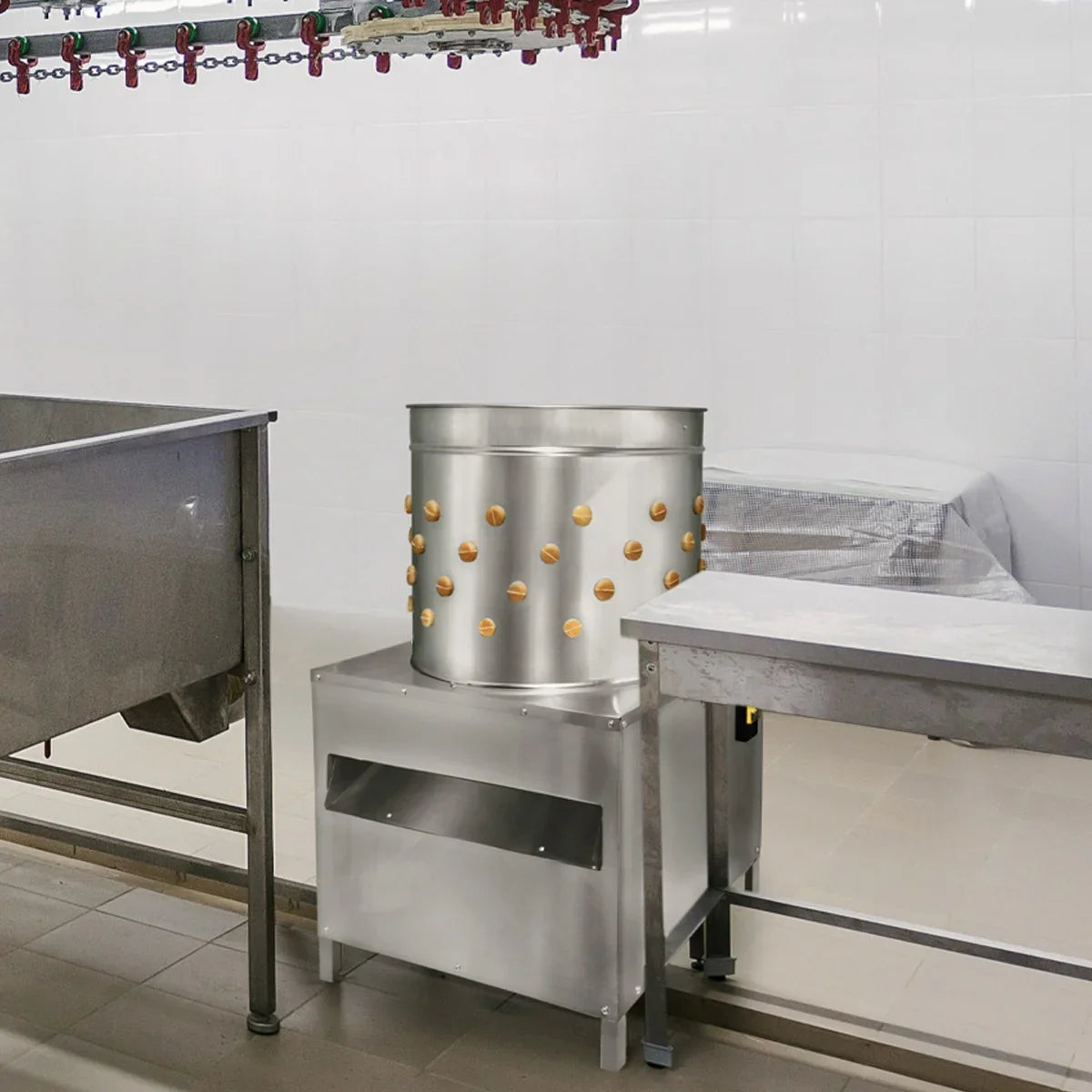 Stainless steel KuKoo poultry plucker machine with 50cm diameter, featuring rubber fingers for efficient feather removal in a clean workspace