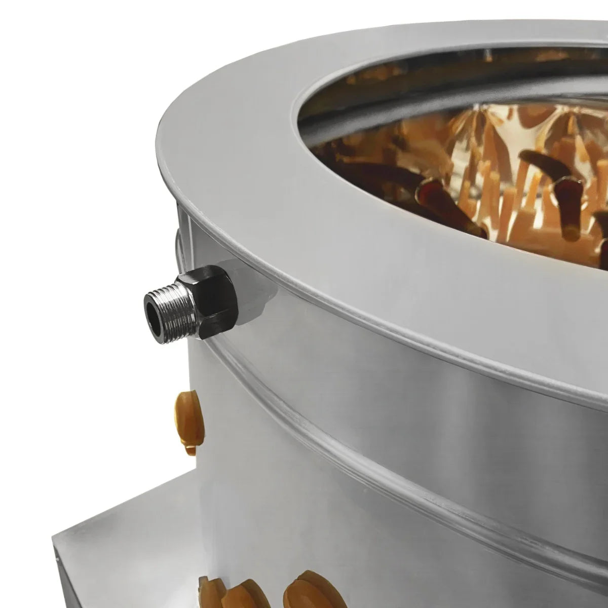 Stainless steel KuKoo Poultry Plucker Machine with a 50cm diameter, featuring a smooth surface and water inlet for easy cleaning