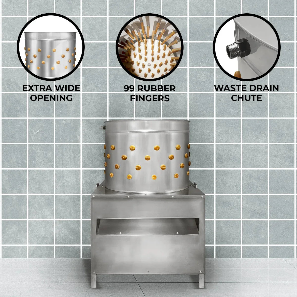 KuKoo Poultry Plucker Machine features a stainless steel body, 50cm size, 99 rubber fingers, and an extra wide opening for efficient plucking