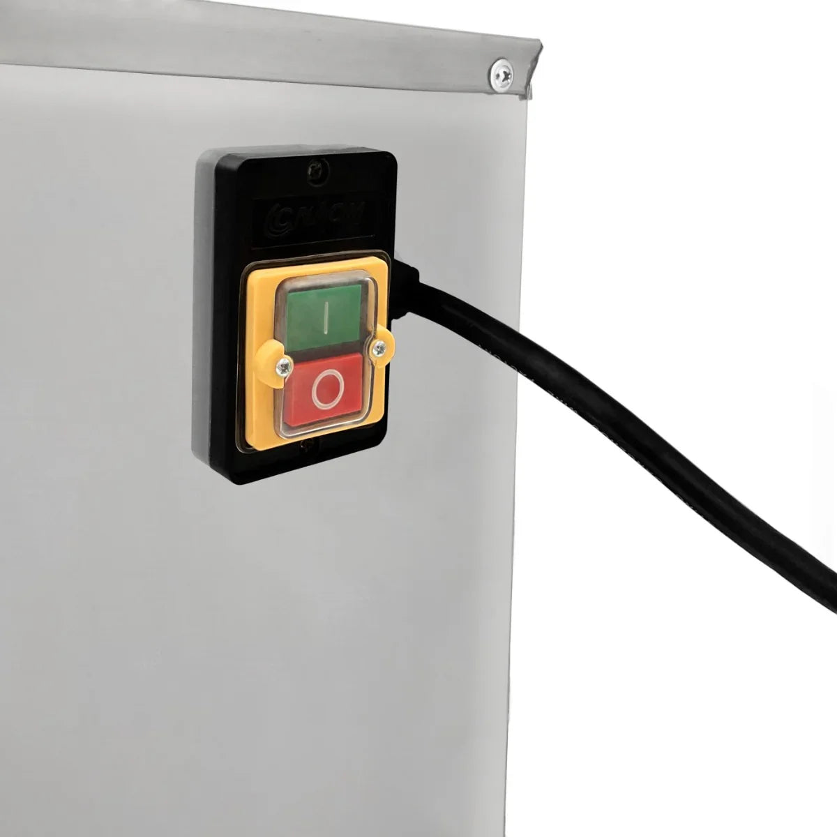 KuKoo Poultry Plucker Machine control panel featuring a red and green power button, with a black power cord attached