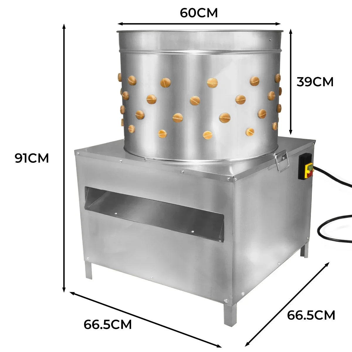 KuKoo Poultry Plucker Machine, 60cm, stainless steel body, perforated drum, dimensions: 66.5cm x 66.5cm x 91cm, efficient plucking tool