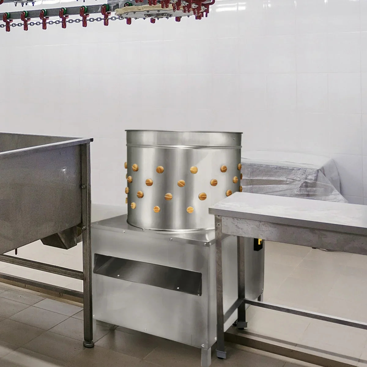 KuKoo Poultry Plucker Machine features a stainless steel drum with rubber fingers, designed for efficient feather removal in poultry processing