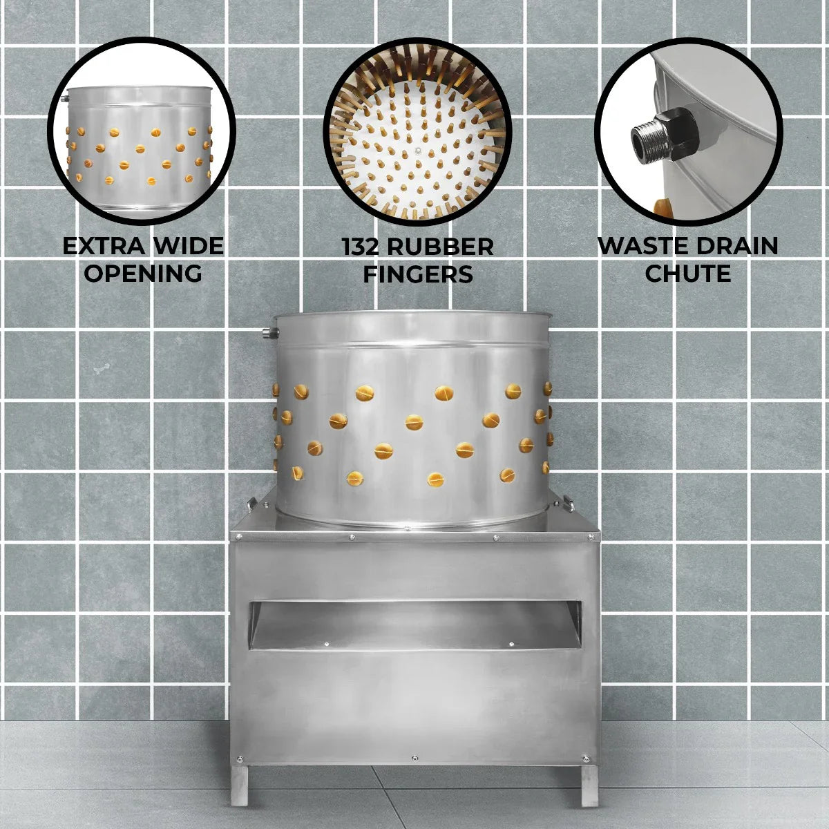 KuKoo Poultry Plucker Machine features a 60cm stainless steel body, 132 rubber fingers, and an extra wide opening for efficient plucking