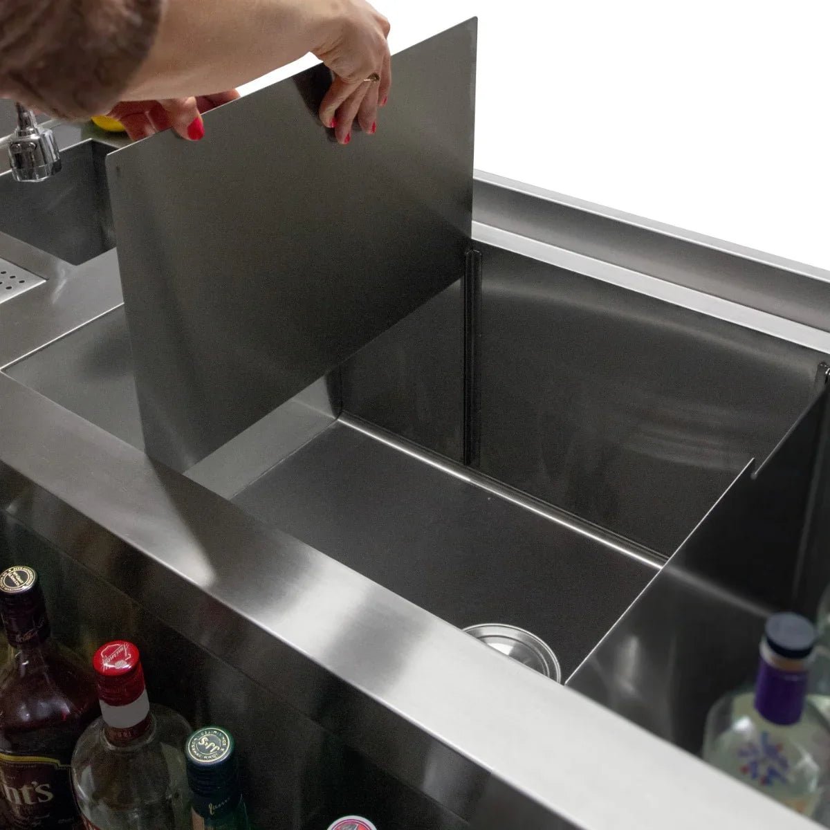 Deluxe Cocktail Bar Station featuring a sleek stainless steel design with a removable divider for easy organization and access