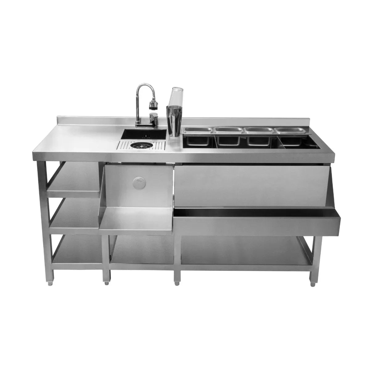 Deluxe Cocktail Bar Station featuring a sleek stainless steel design, multiple storage compartments, and a built-in sink for easy mixing