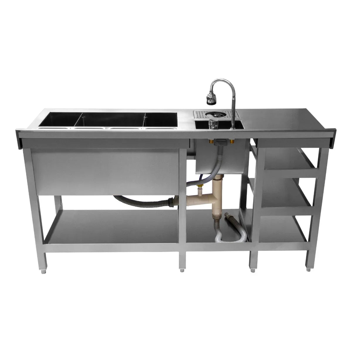 Deluxe Cocktail Bar Station in stainless steel, featuring two sinks, a faucet, and open shelving for storage and organization