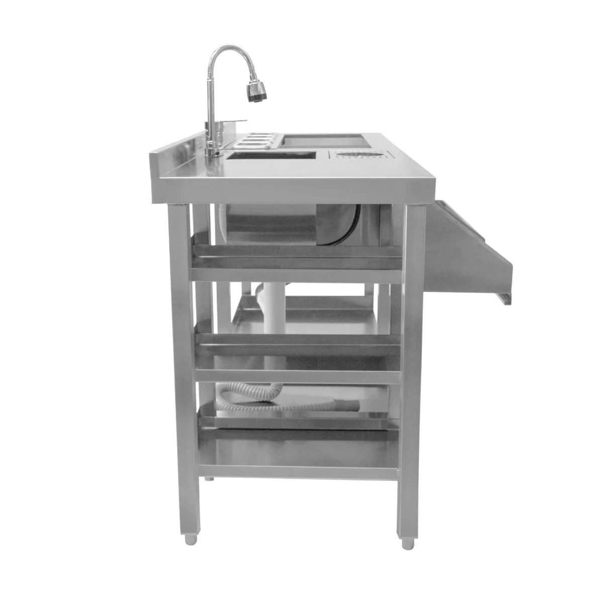 Deluxe Cocktail Bar Station in stainless steel, featuring a sleek design, multiple shelves, and a built-in sink for easy mixing