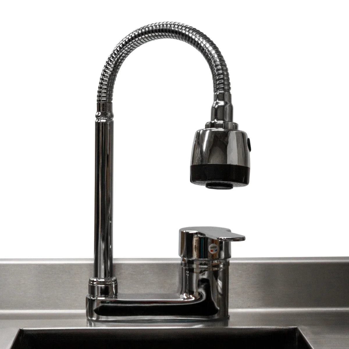 Polished chrome faucet with a flexible neck and sleek handle, designed for a deluxe cocktail bar station, enhancing functionality and style