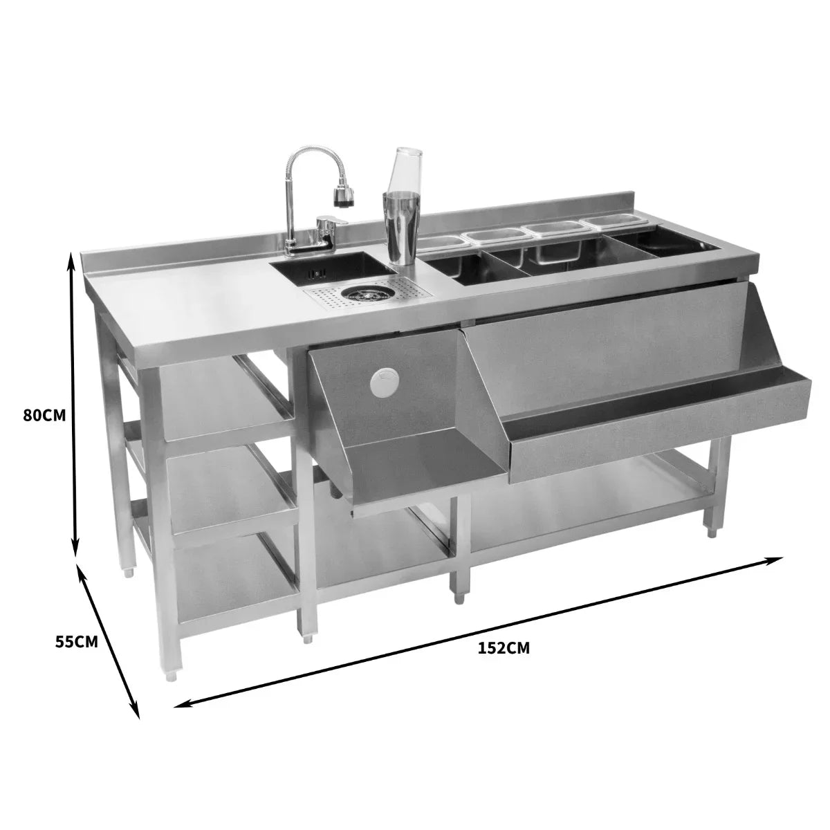 Deluxe Cocktail Bar Station in stainless steel, featuring a sink, storage shelves, and three compartments for mixing drinks, 152cm wide