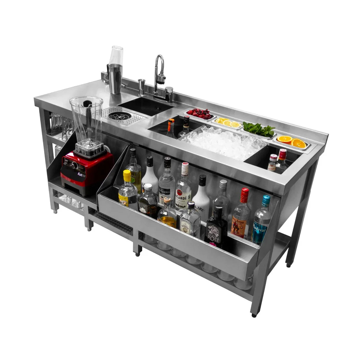 Deluxe Cocktail Bar Station featuring stainless steel surfaces, ice compartment, blender, and organized shelves for bottles and mixers