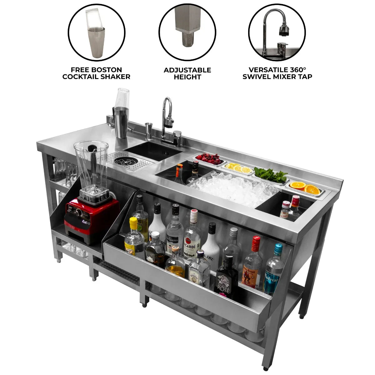 Deluxe Cocktail Bar Station in stainless steel with adjustable height, featuring a blender, shaker, and ample storage for bottles and mixers