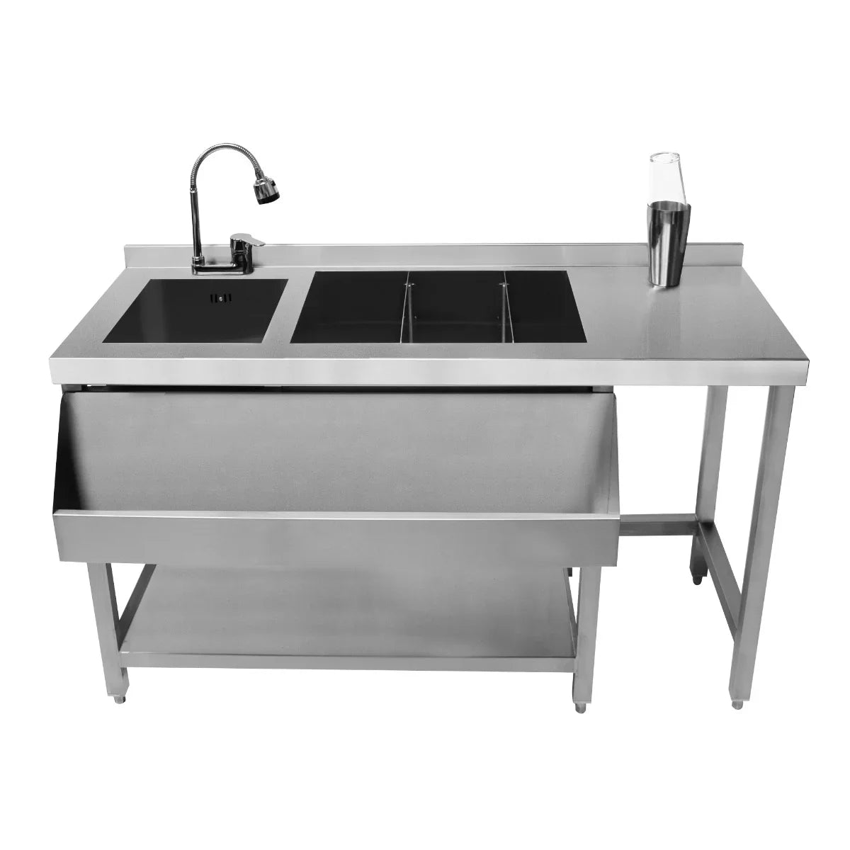 Sleek stainless steel cocktail bar station with a sink, two black prep areas, and a spacious storage drawer for bar tools