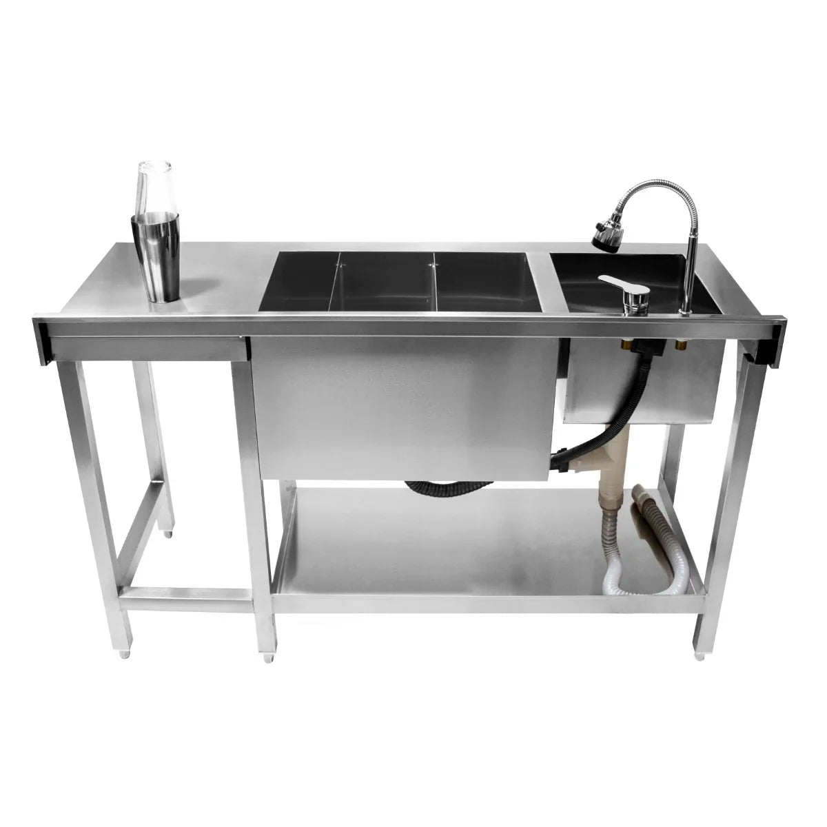 Stainless steel cocktail bar station featuring dual sinks, a sleek faucet, and a sturdy frame for efficient drink preparation