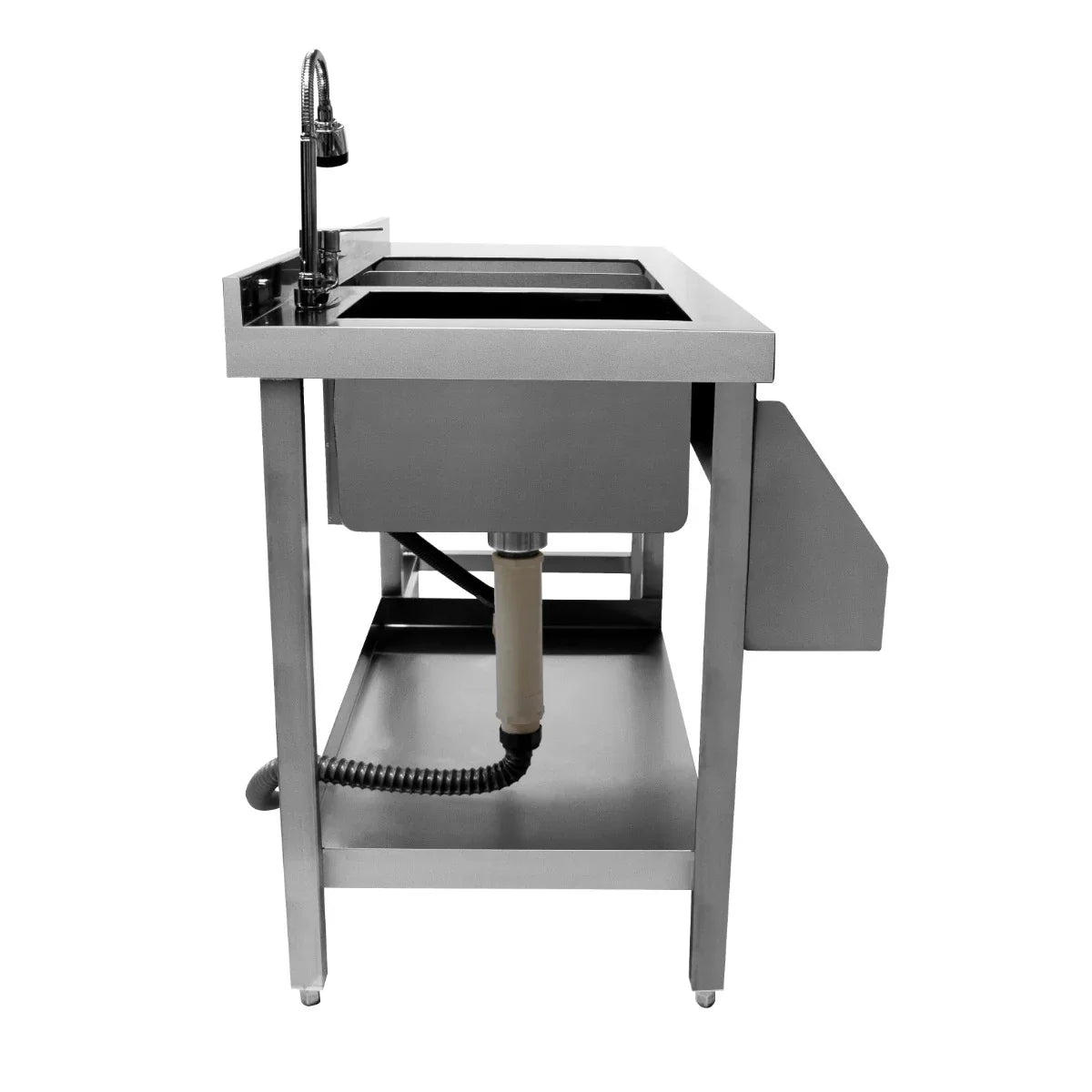 Sleek stainless steel cocktail bar station with a deep sink, faucet, and waste disposal, perfect for home or commercial use
