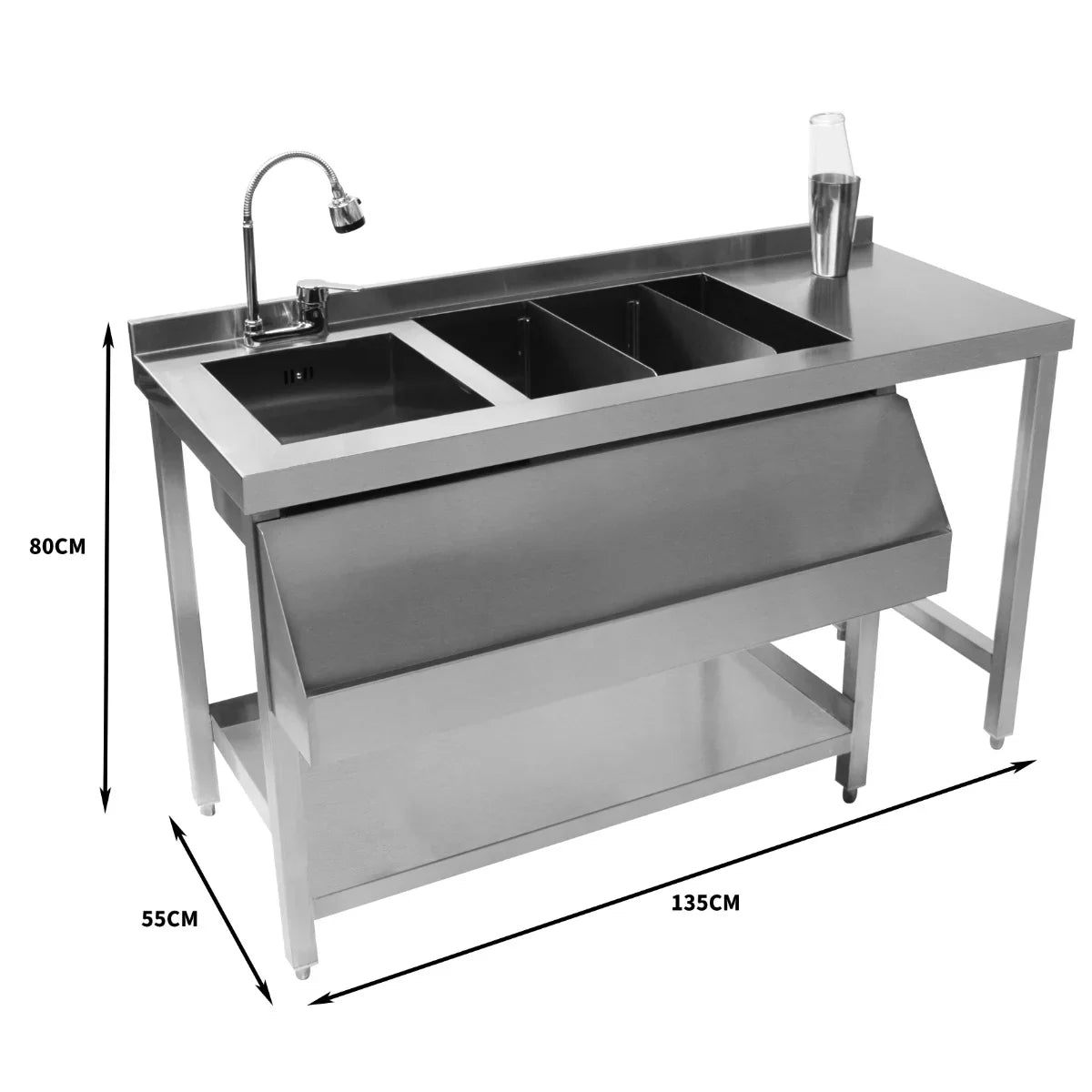 Stainless steel cocktail bar station with three sinks, a sleek design, and a spacious lower shelf for storage, measuring 135cm wide