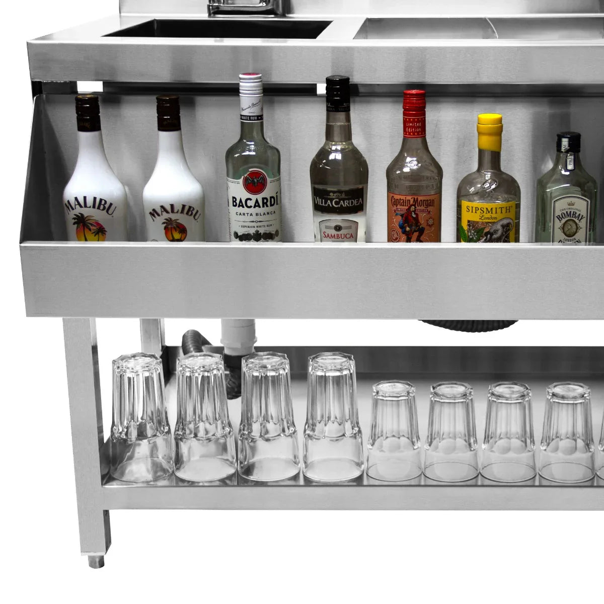 Stainless steel cocktail bar station with various liquor bottles and stacked glassware, showcasing modern design and functionality