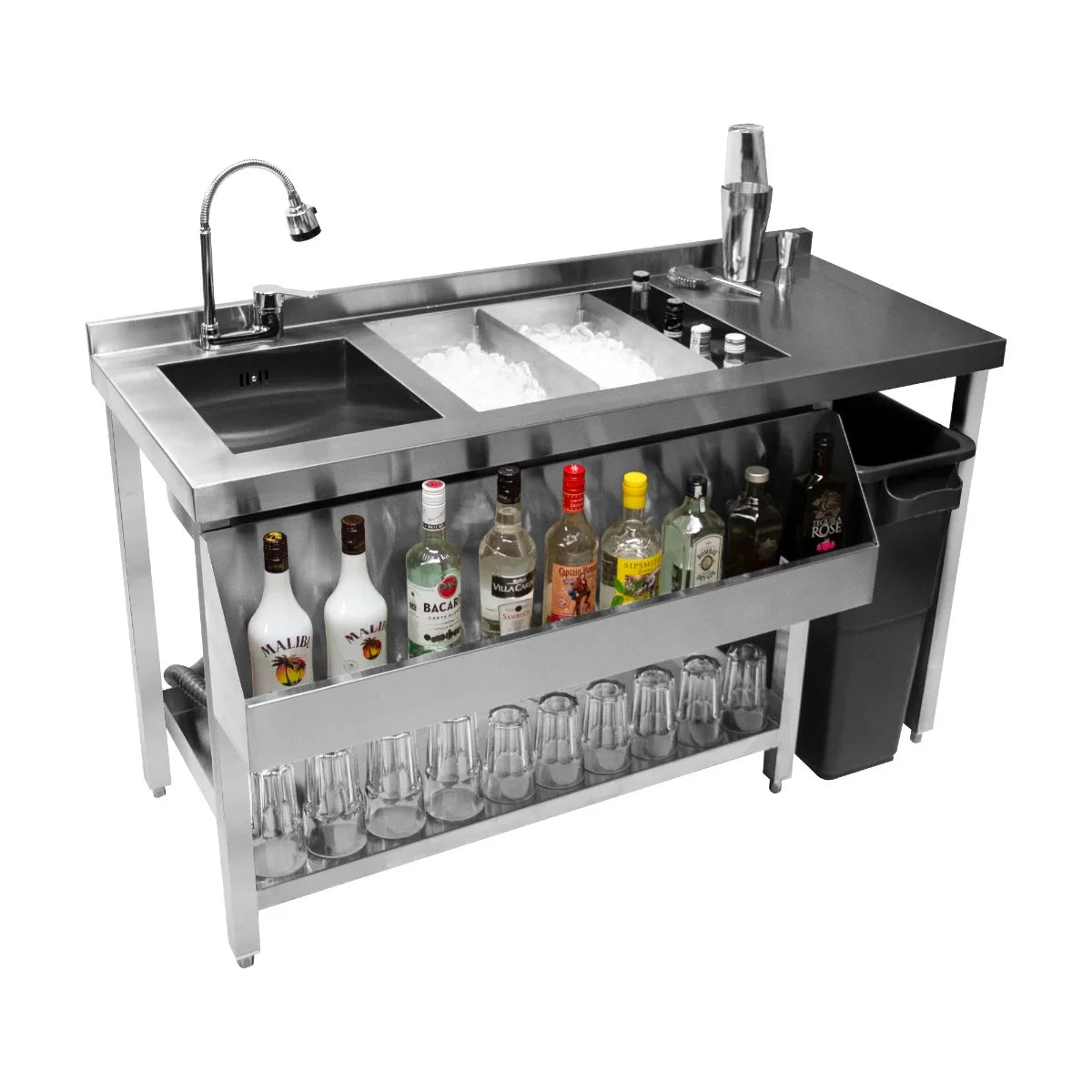 Sleek stainless steel cocktail bar station with sink, ice compartment, shelves for bottles, and glass storage underneath