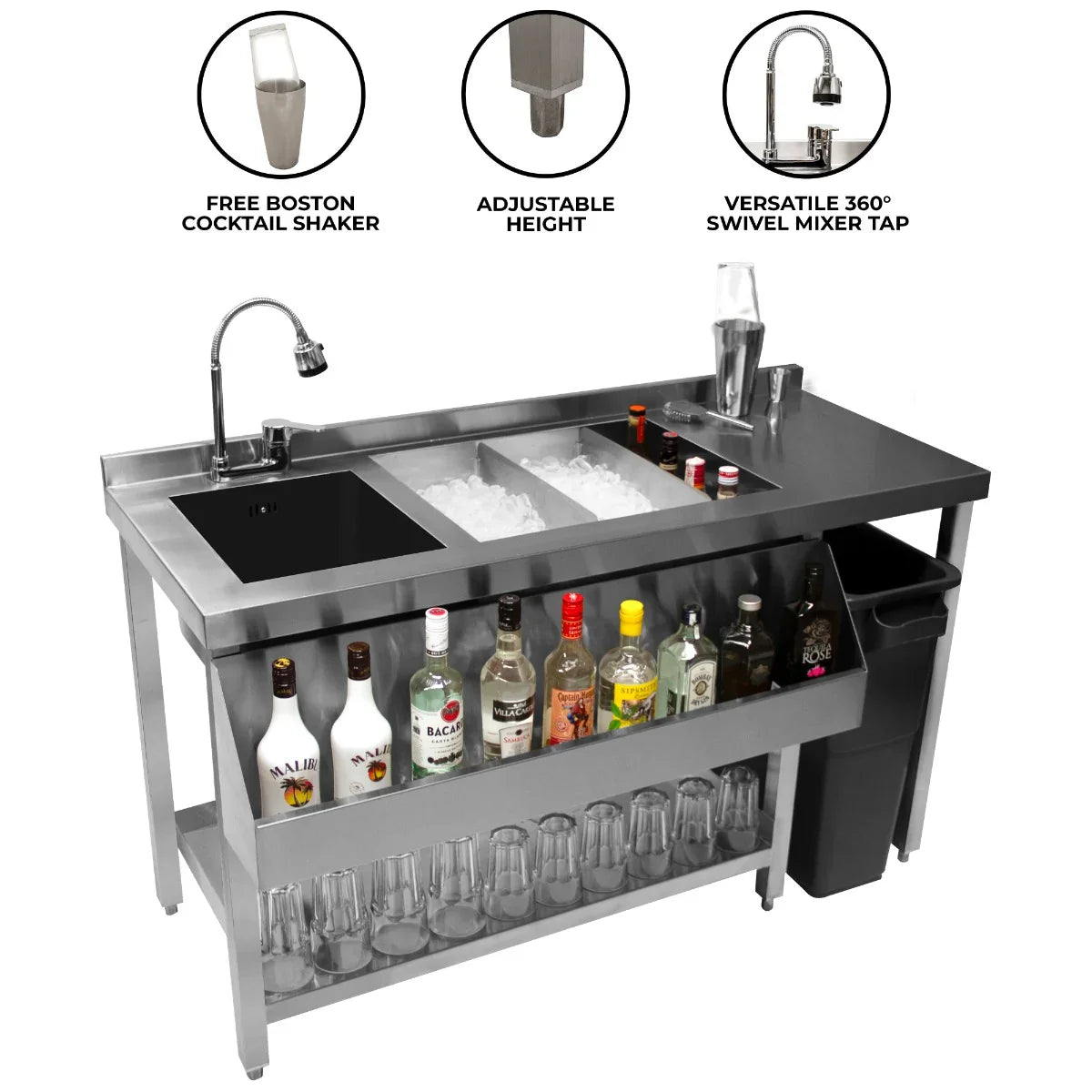 Sleek stainless steel cocktail bar station with adjustable height, ice compartment, and 360° swivel mixer tap for easy serving
