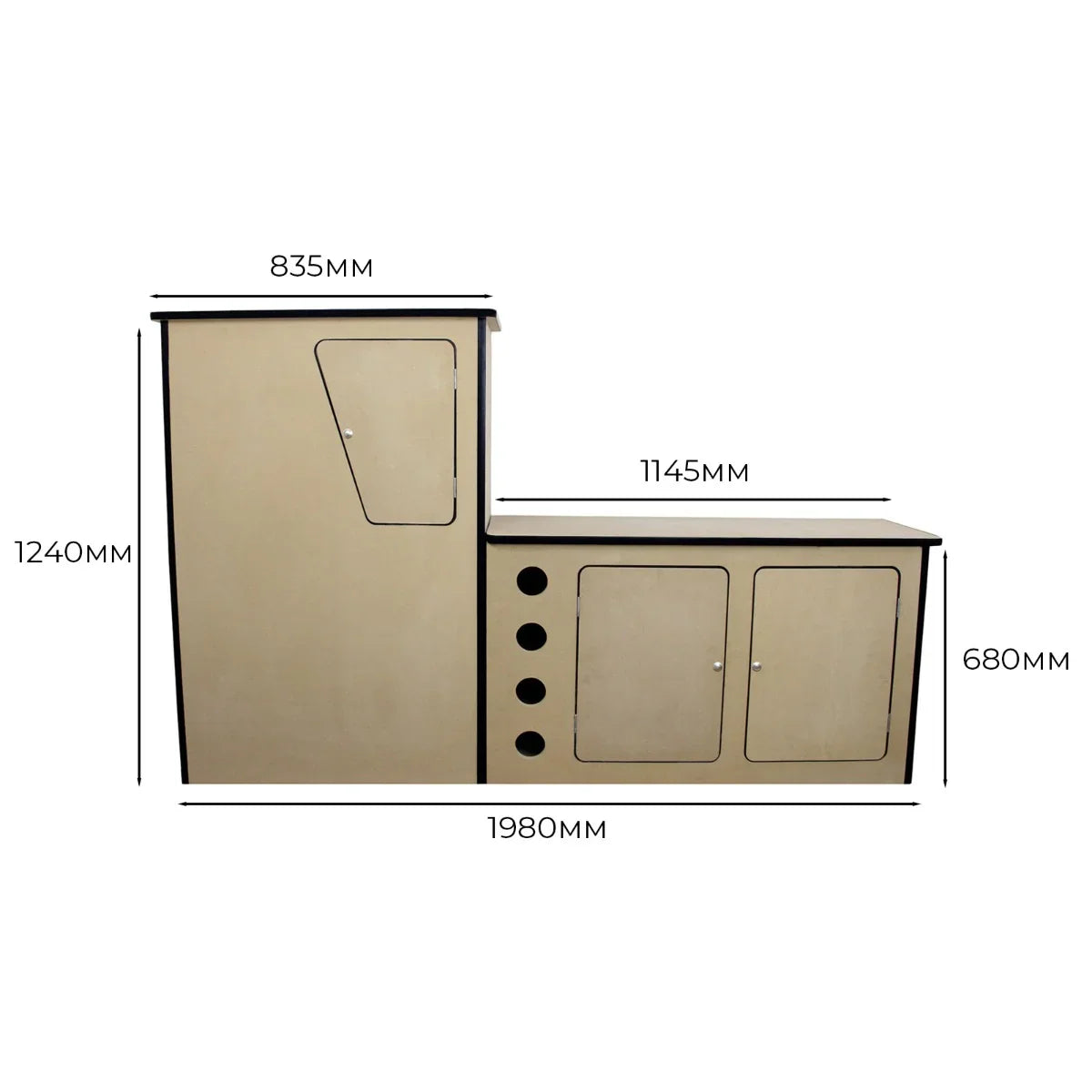 MDF Camper Van Kitchen Unit LHD in light beige with sleek lines, featuring storage cabinets and cutouts for appliances, dimensions shown