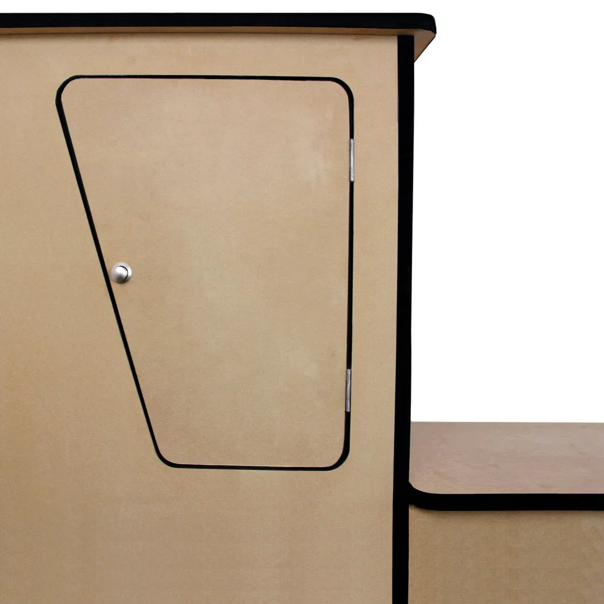 MDF Camper Van Kitchen Unit LHD with a sleek design, featuring a black-edged door and smooth, light-colored surface for modern interiors