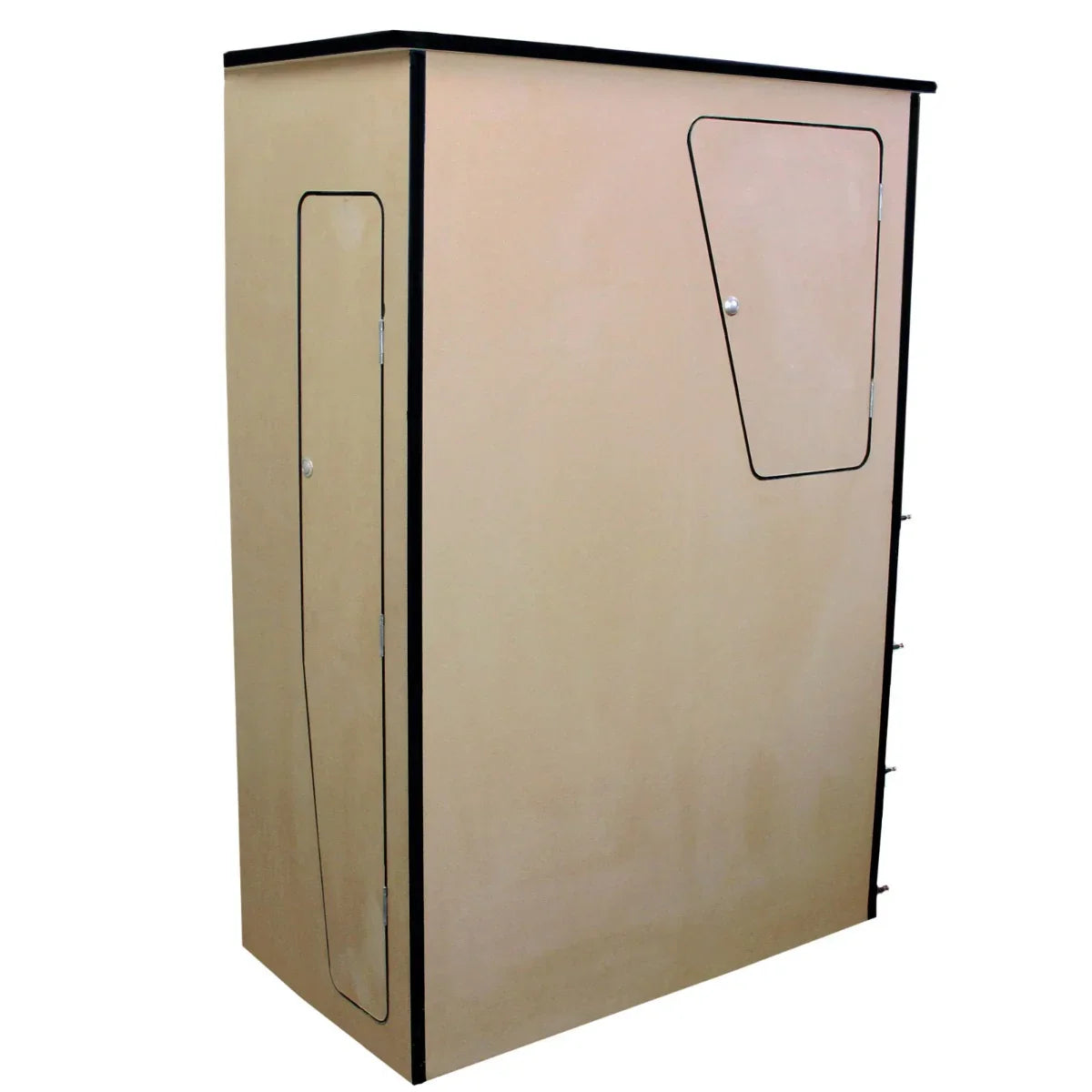 MDF camper van kitchen unit in light wood finish, featuring a sleek design, black trim, and a side door for easy access