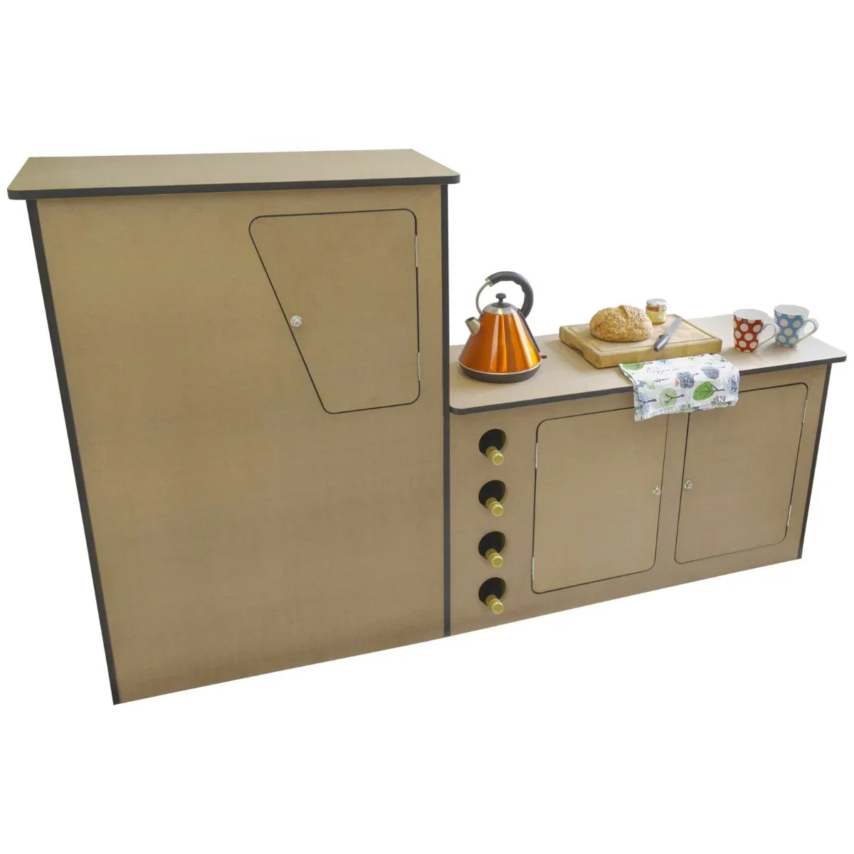 MDF camper van kitchen unit in light brown with sleek design, featuring cabinets, knobs, and a kettle on a countertop with food items